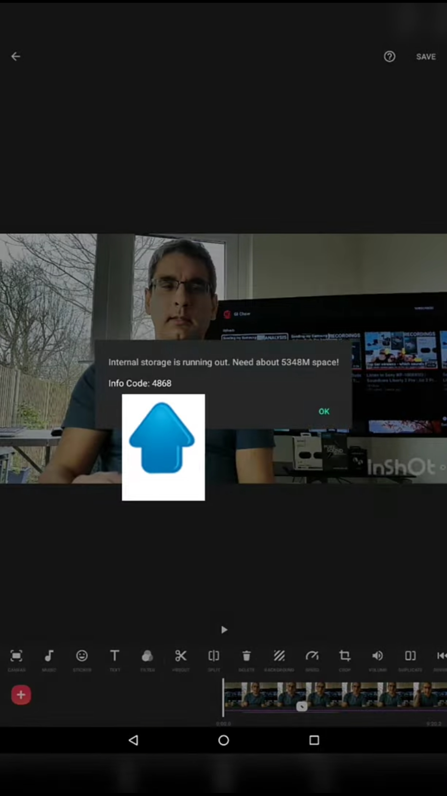 InShot code 4868 internal storage is running out when trying to save a ...